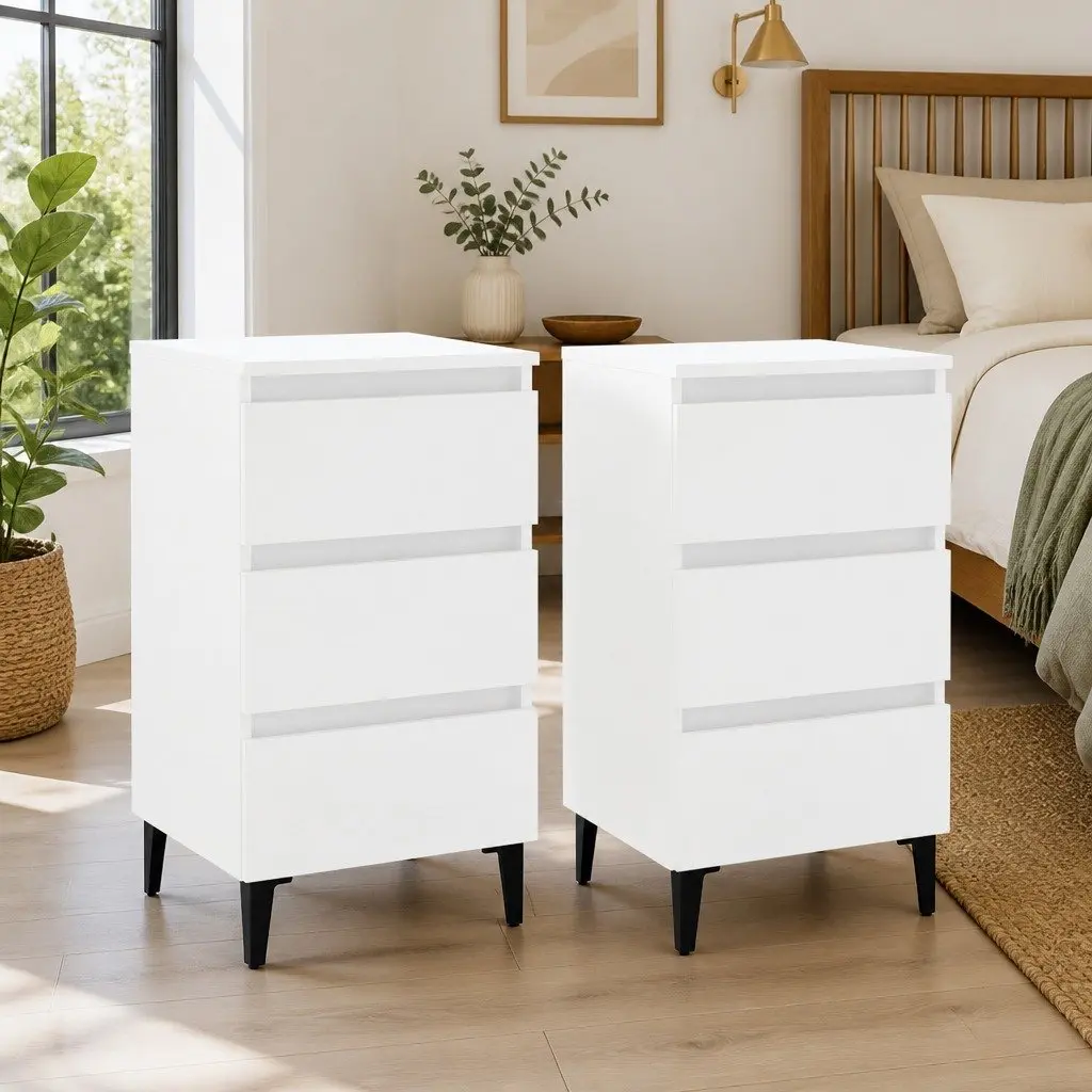 Bedside Table Bed Cabinet 2 pcs White Metal Legs Nightstand 40x35x69 cm