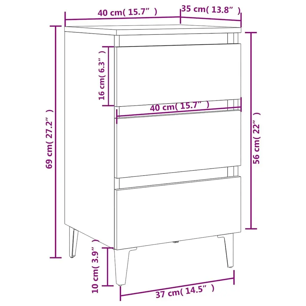 Bedside Table Bed Cabinet 2 pcs White Metal Legs Nightstand 40x35x69 cm
