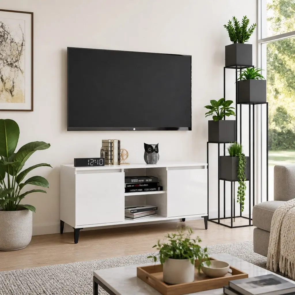 TV Stand Metal Legs White High Gloss Storage Shelf Unit