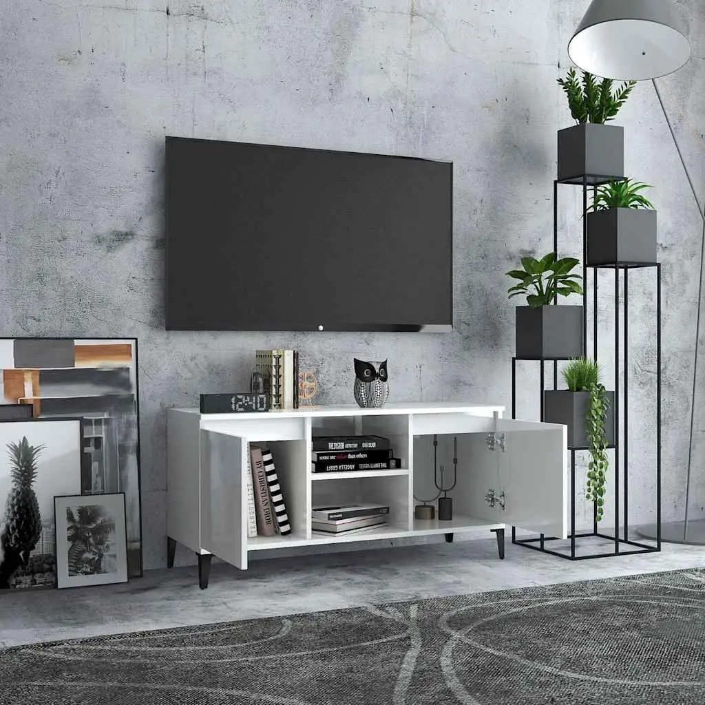 TV Stand Metal Legs White High Gloss Storage Shelf Unit