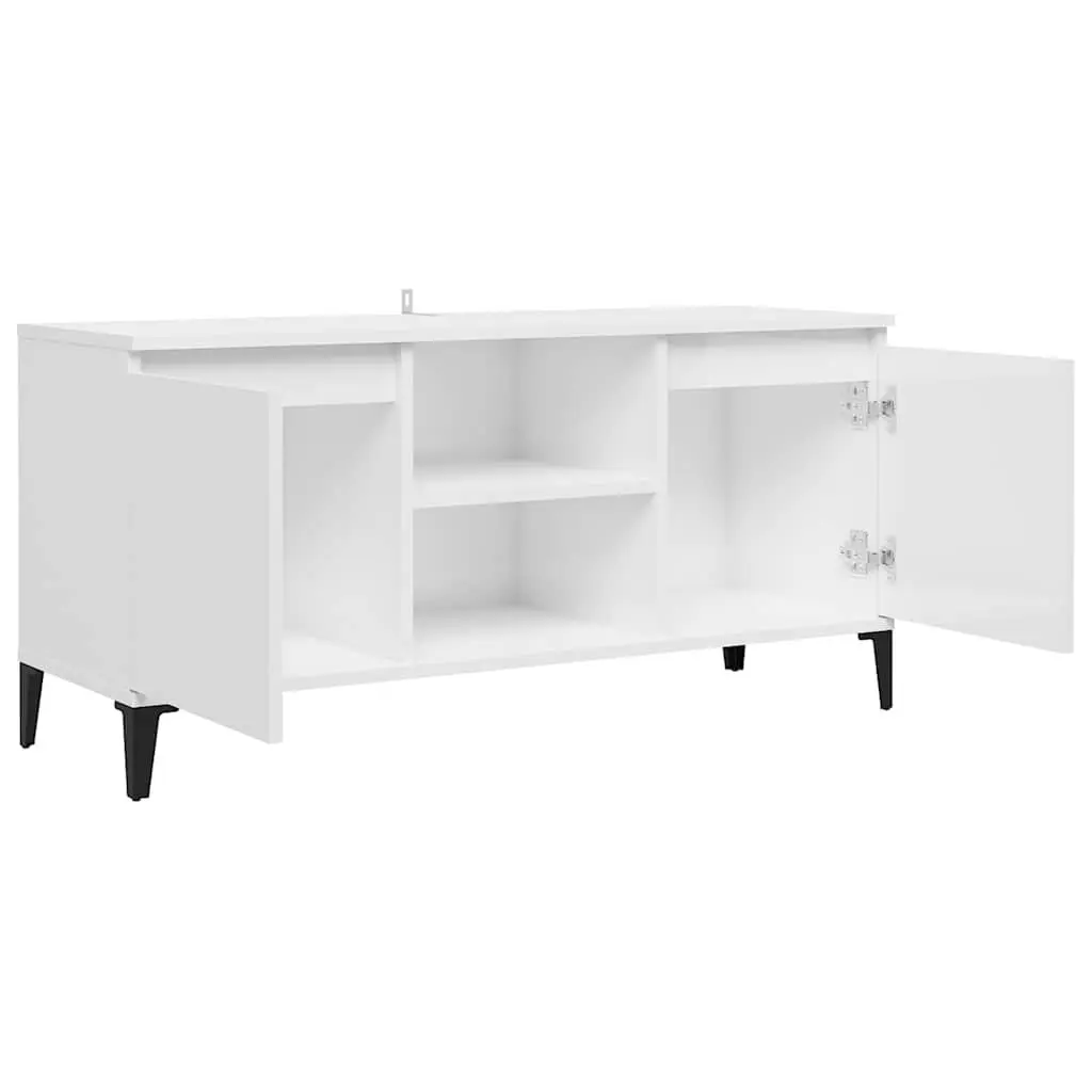 TV Stand Metal Legs White High Gloss Storage Shelf Unit