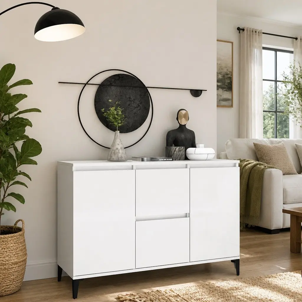High Gloss White Sideboard Storage Cabinet with Drawers