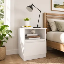 Sturdy White Bedside Table with Drawer and Shelf