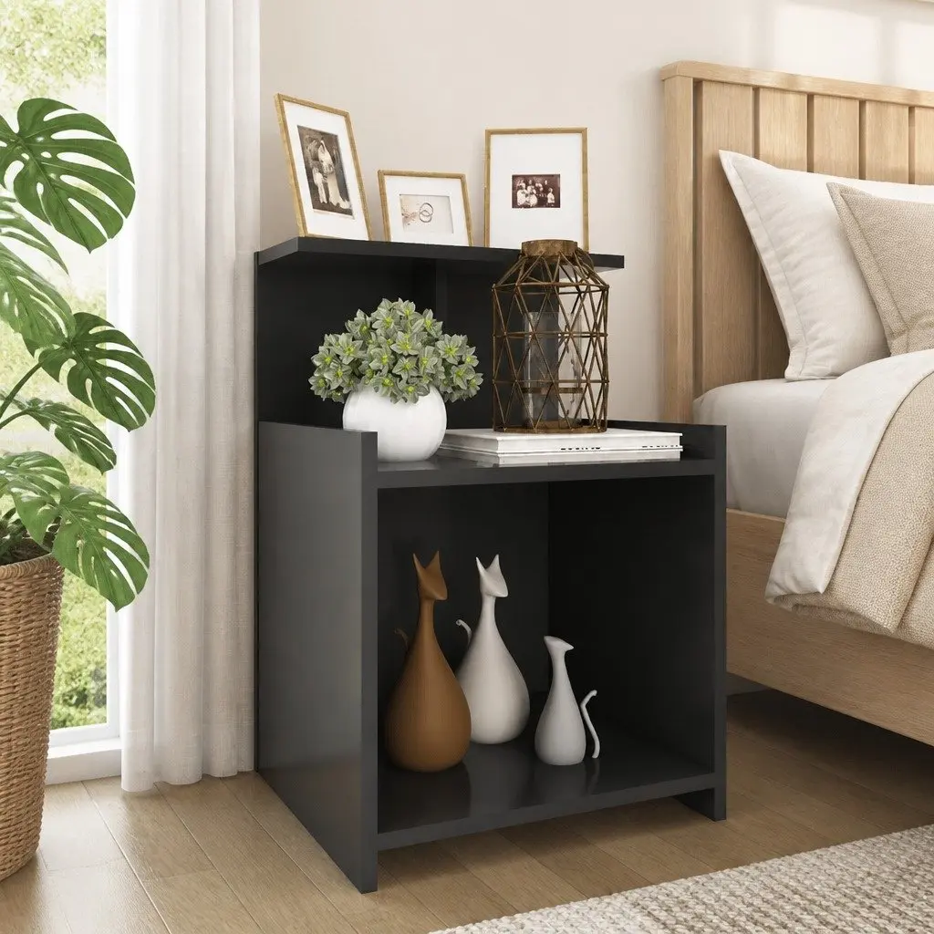 Grey Engineered Wood Bedside Table with 3 Shelves 40x35x60 cm