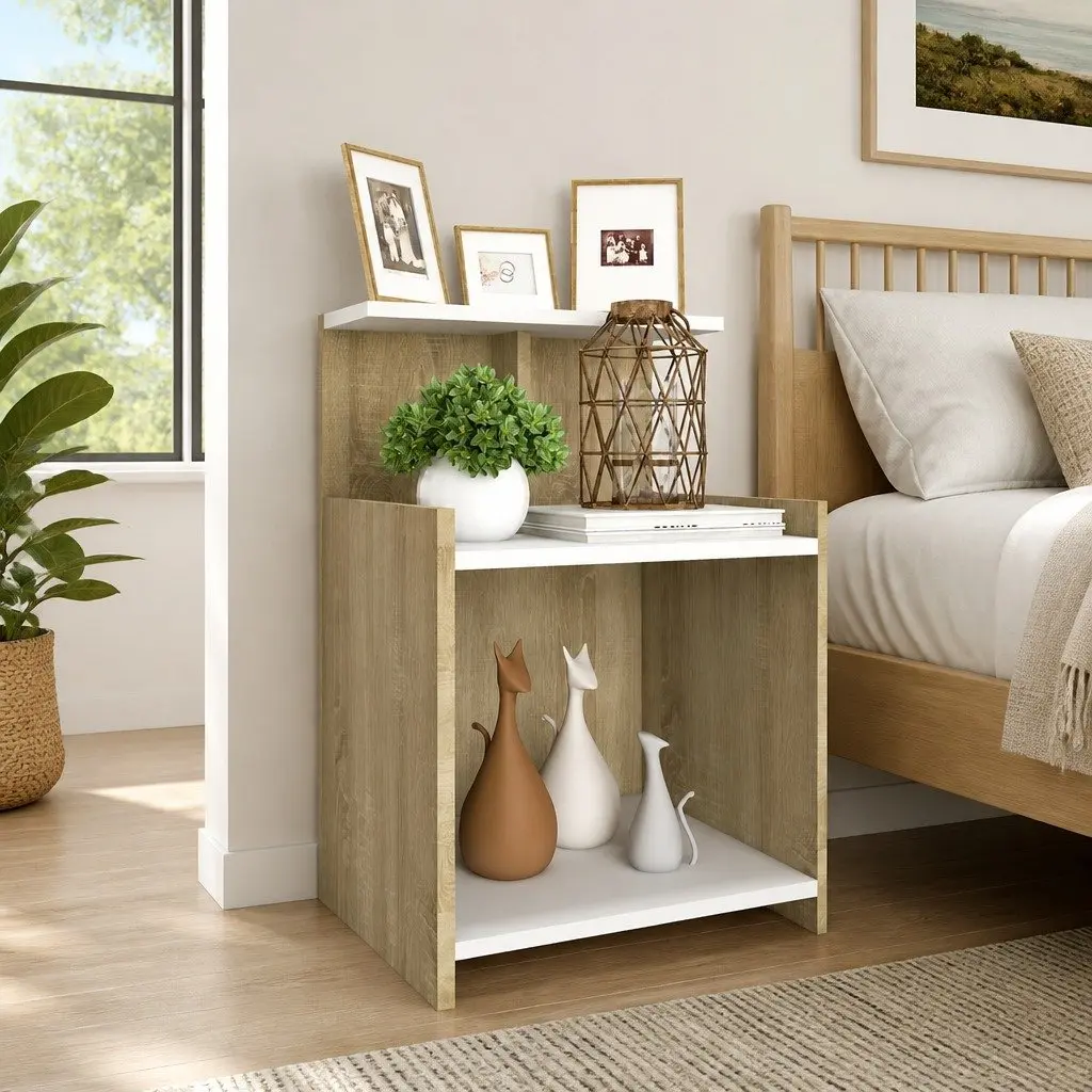 White Sonoma Oak Bedside Table with 3 Shelves