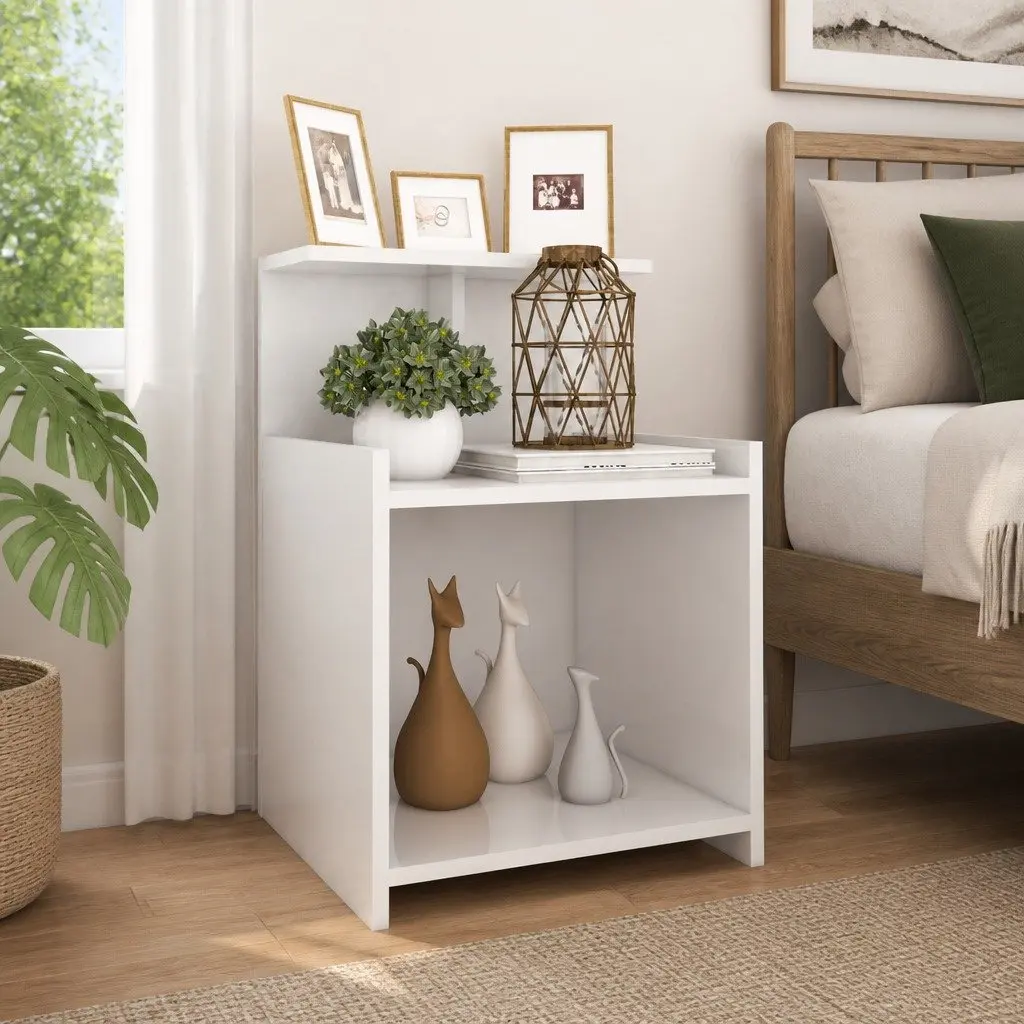 High Gloss White Bedside Table with 3 Open Shelves