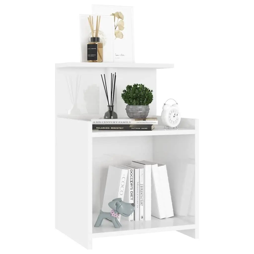 High Gloss White Bedside Table with 3 Open Shelves