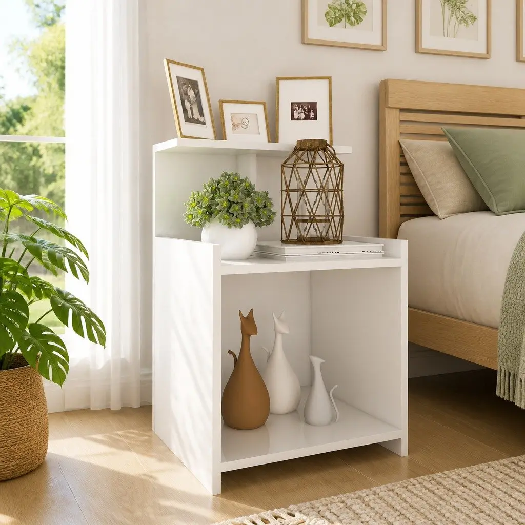 High Gloss White Bedside Table Set with Open Shelves