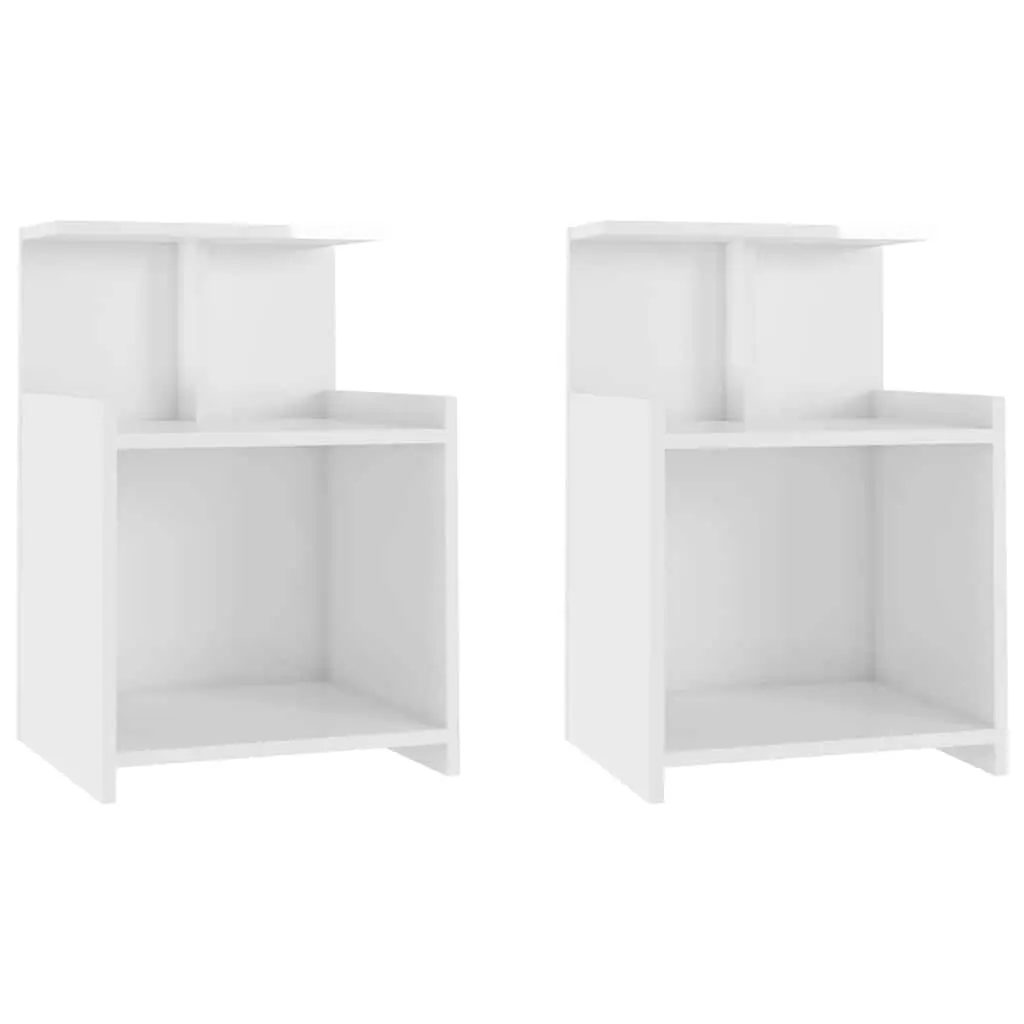 High Gloss White Bedside Table Set with Open Shelves