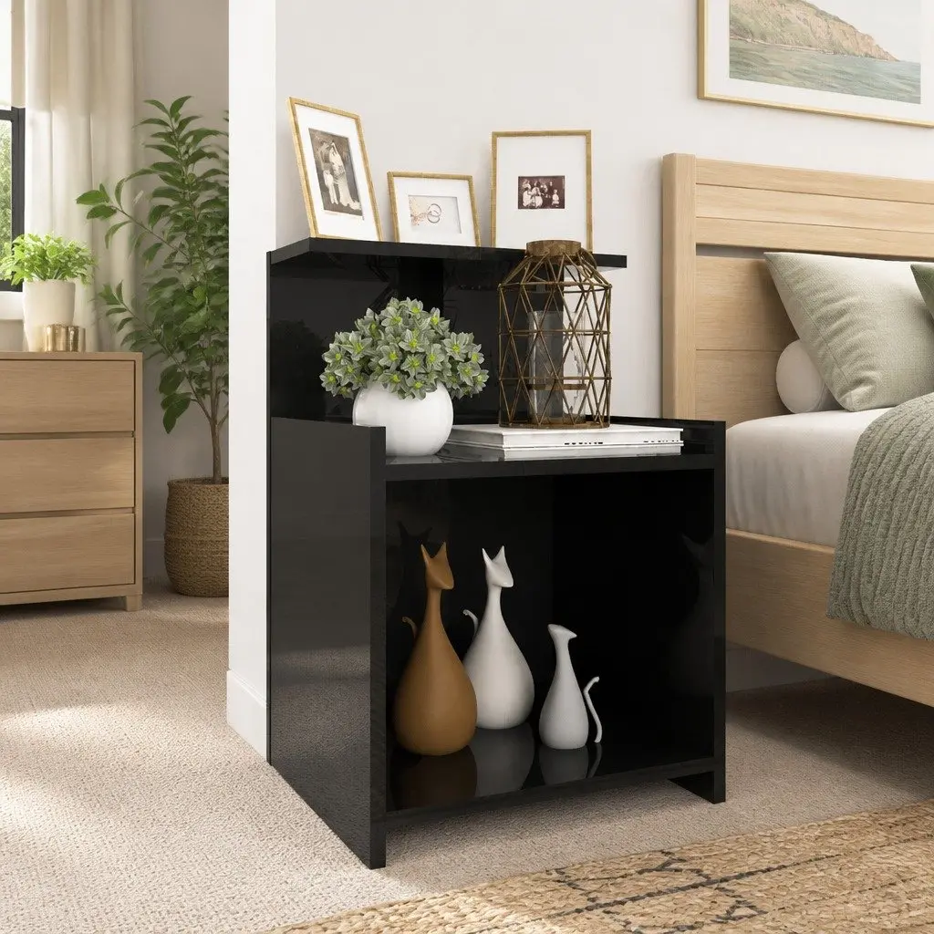 High Gloss Black Bedside Table with 3 Open Shelves