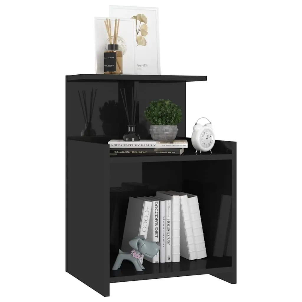 High Gloss Black Bedside Table with 3 Open Shelves