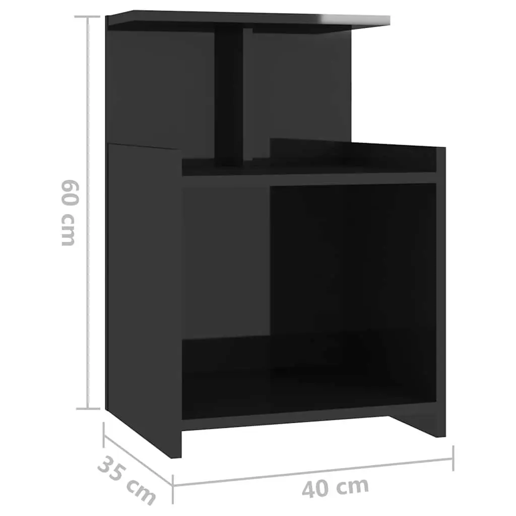 High Gloss Black Bedside Table with 3 Open Shelves