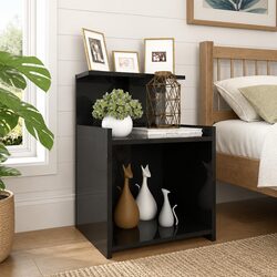 High Gloss Black Bedside Table Set with Open Shelves