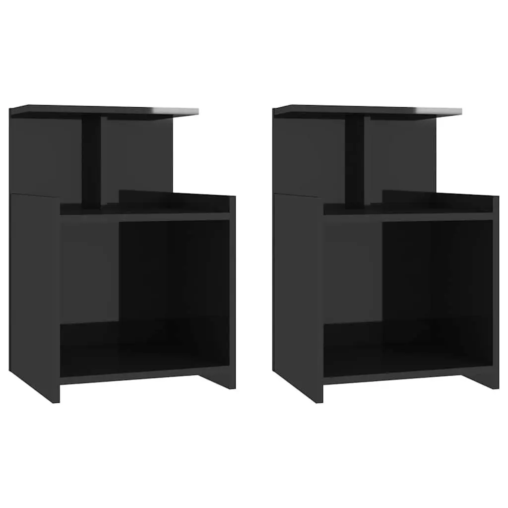 High Gloss Black Bedside Table Set with Open Shelves