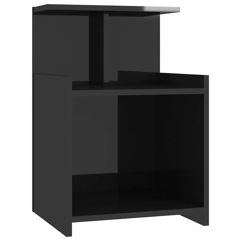 High Gloss Black Bedside Table Set with Open Shelves