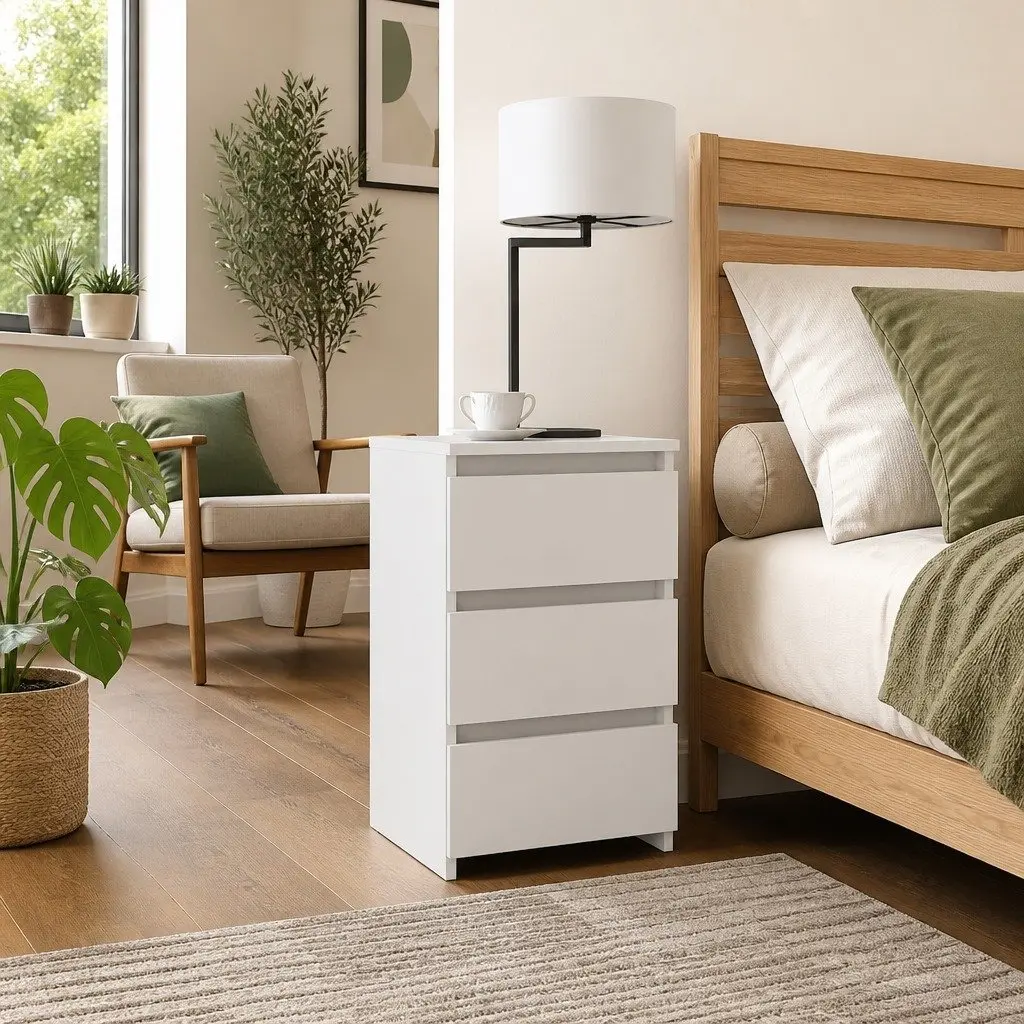 White Bedside Table with 3 Durable Drawers