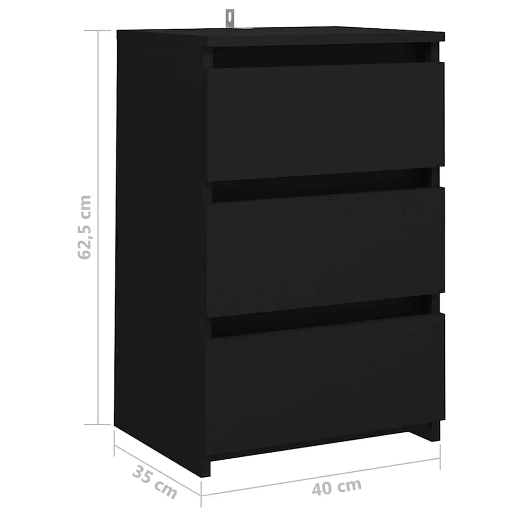 Bedside Table Engineered Wood Black 40x35x62.5 cm 3 Drawers Storage