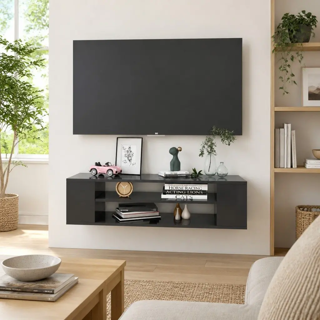 Grey Wall-Mounted TV Cabinet with Open Compartments