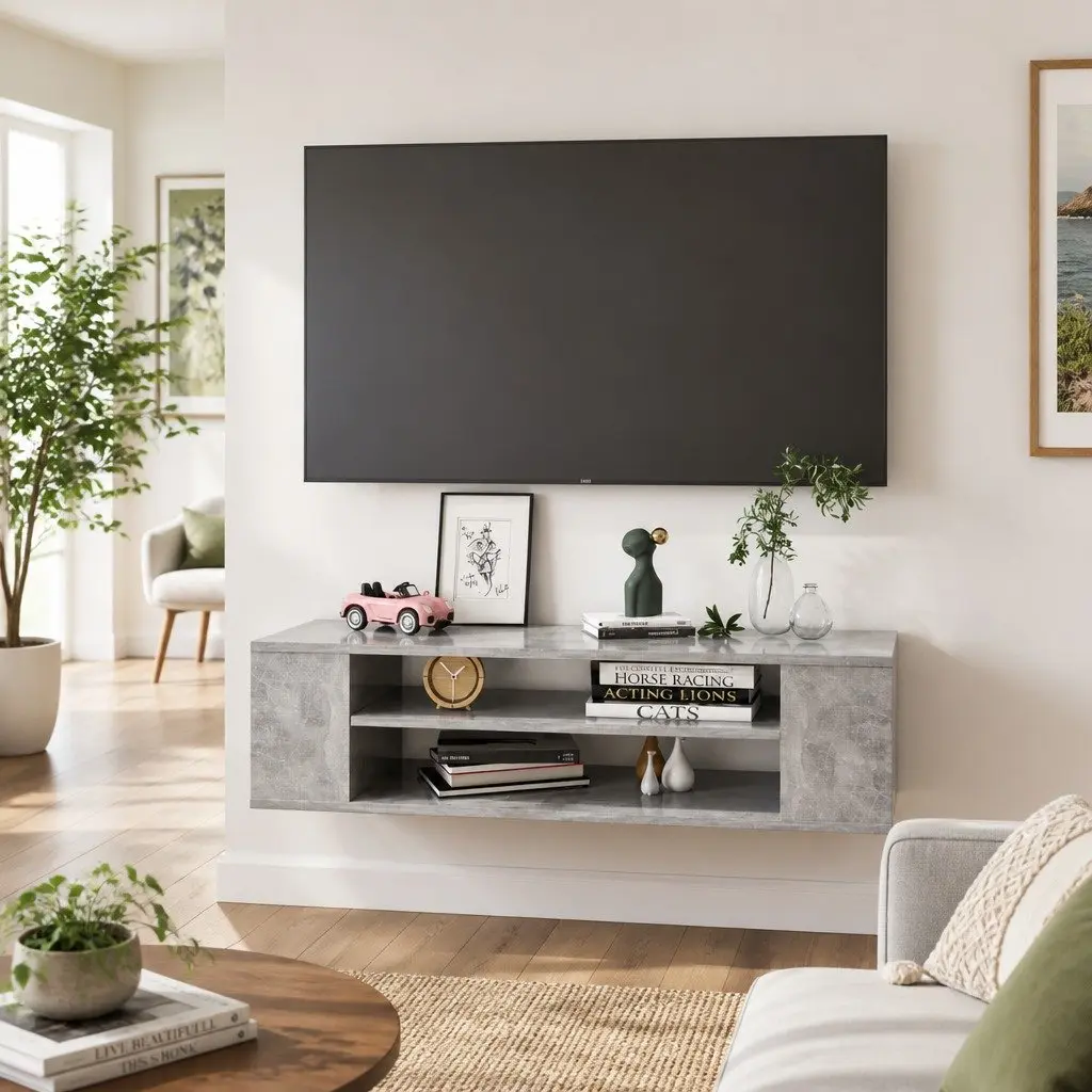 Grey Wall-Mounted TV Cabinet with Open Storage