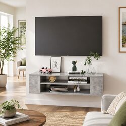 Durable Grey Wall-Mounted TV Cabinet with Open Storage