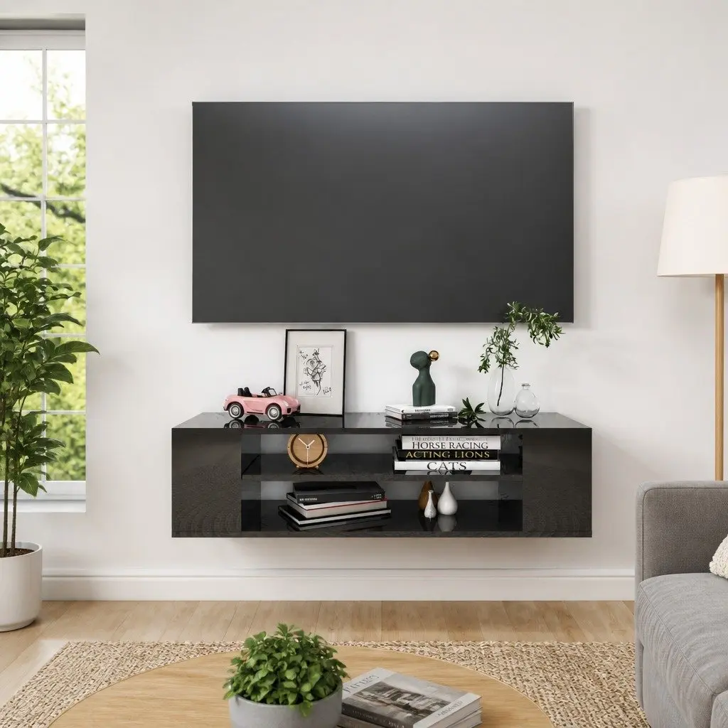 High Gloss Black Wall-Mounted TV Cabinet for Living Rooms