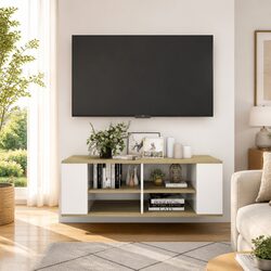 Wall-Mounted TV Cabinet in White with Sonoma Oak Shelves