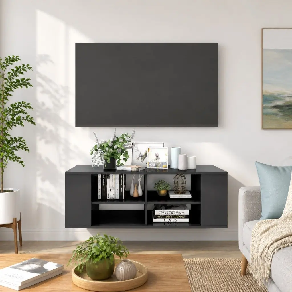 High Gloss Grey Wall-Mounted TV Cabinet with Adjustable Shelves