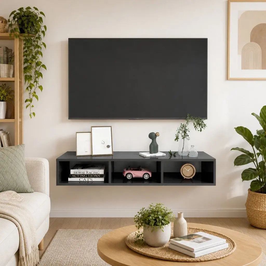 Grey High Gloss Wall Shelf with 3 Compartments