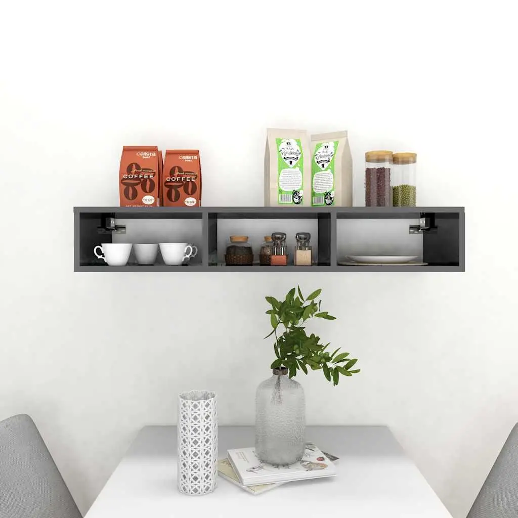 Grey High Gloss Wall Shelf with 3 Compartments