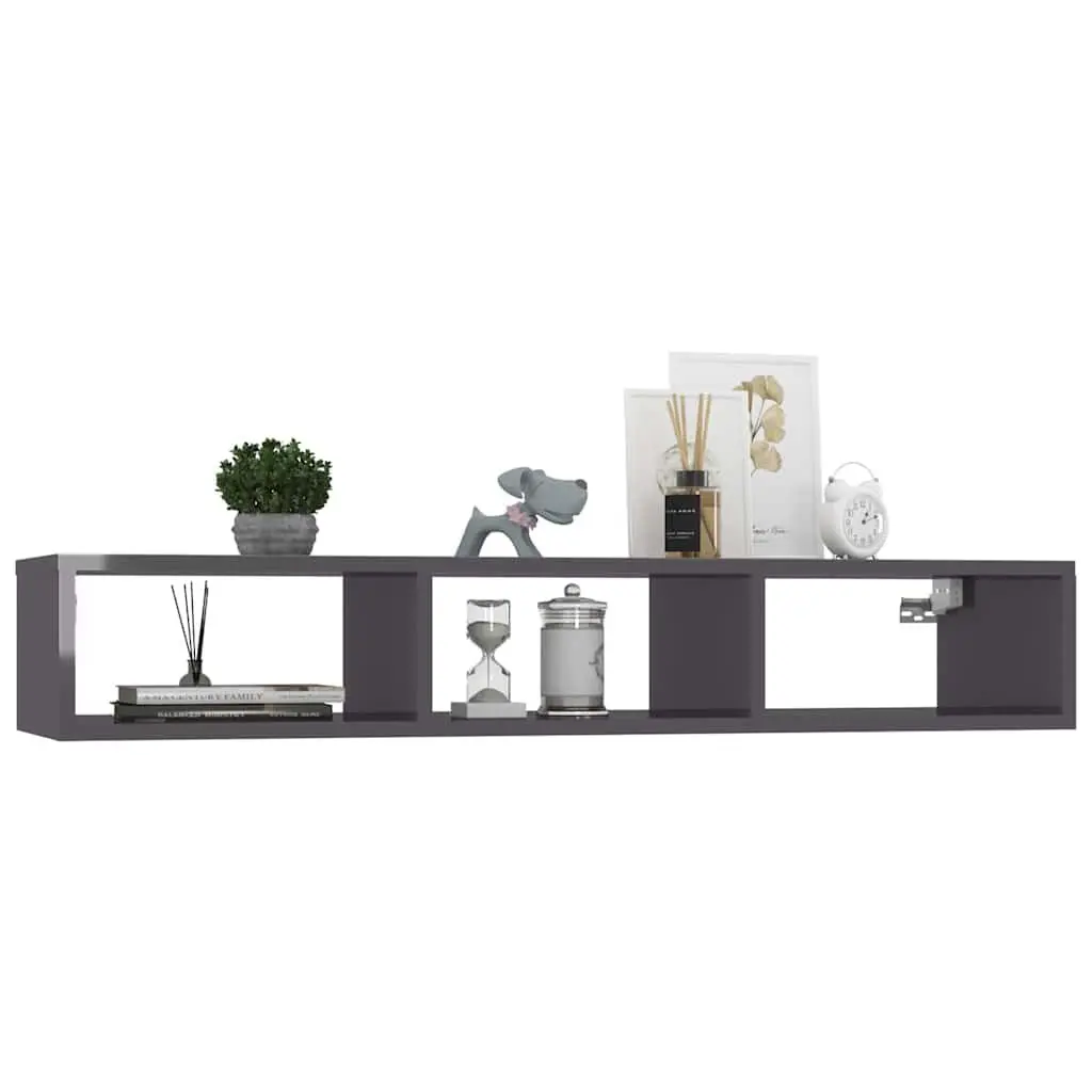 Grey High Gloss Wall Shelf with 3 Compartments