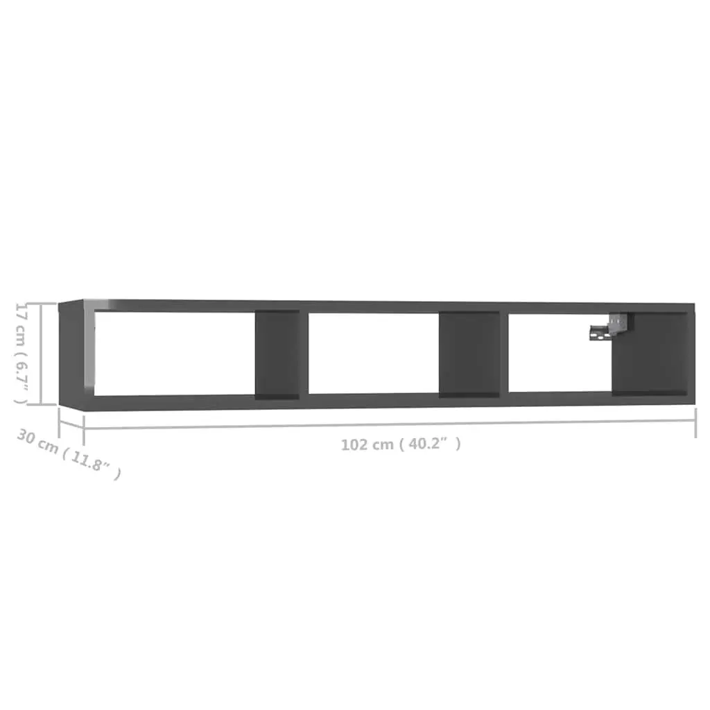 Grey High Gloss Wall Shelf with 3 Compartments