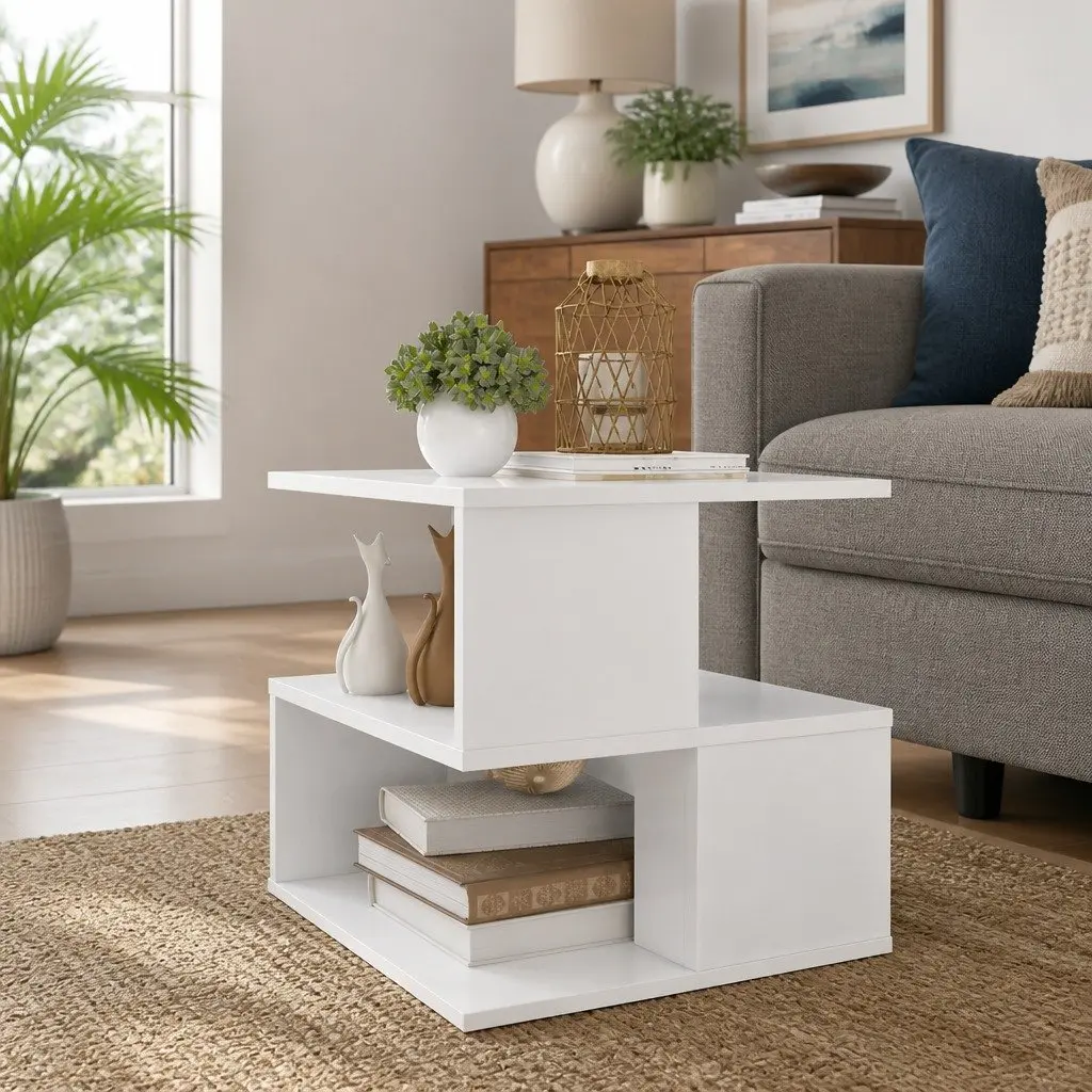 White End Table with Dual Shelves for Storage