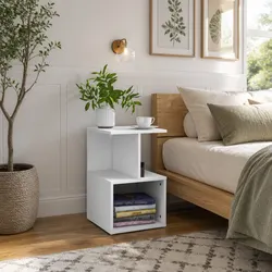 Stylish White Bedside Cabinet with Open Storage Compartments