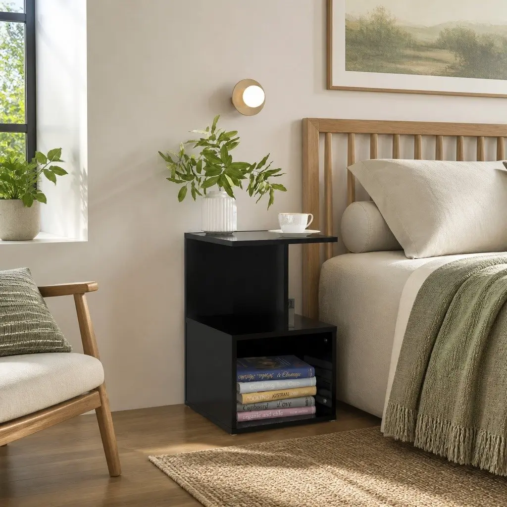 Black Bedside Cabinet with Open Compartments