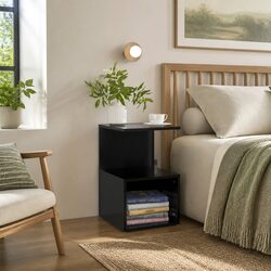 Elegant Black Bedside Cabinet with Open Compartments