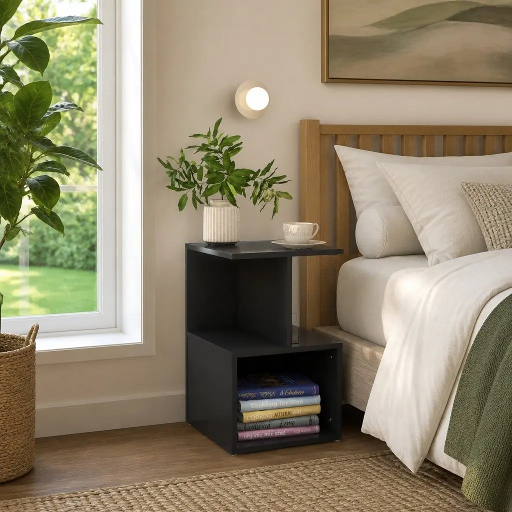 Grey Bedside Cabinet Set with Open Compartments