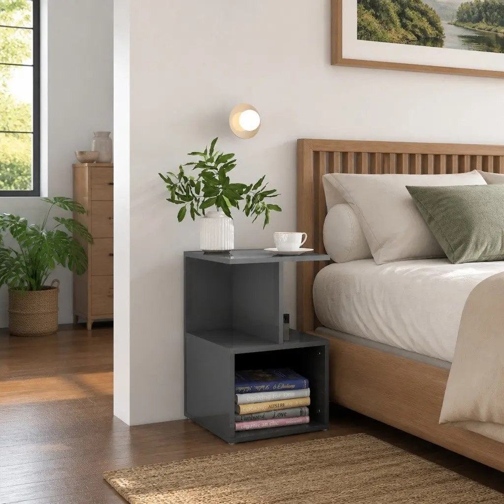 Grey Gloss Bedside Cabinet with Open Storage