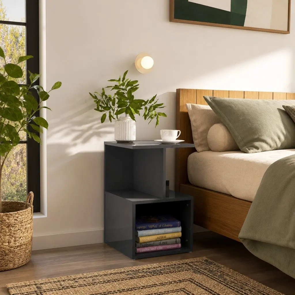 High Gloss Grey Bedside Cabinets with Open Storage