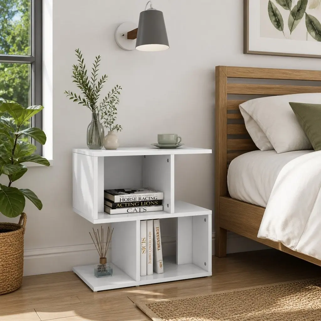 White Bedside Cabinet Set with Open Storage