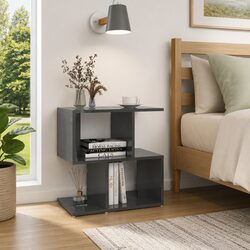 Bedside Cabinet Set 2 pcs Grey High Gloss Storage Nightstand Open Compartments