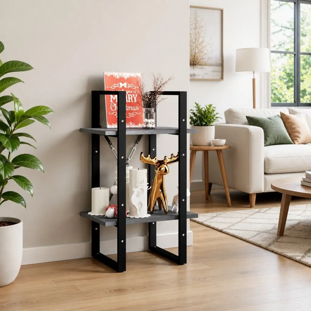 Solid Pine Wood 2-Tier Book Cabinet in Grey