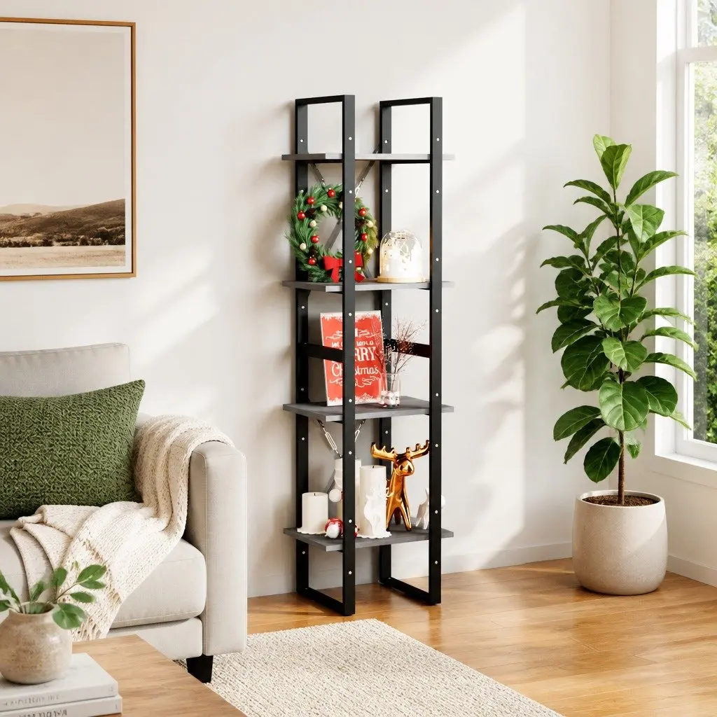 4-Tier Solid Pine Wood Book Cabinet in Grey