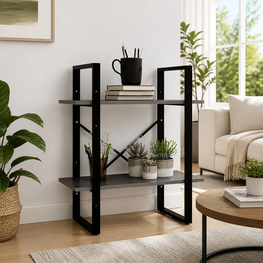 2-Tier Book Cabinet in Grey Solid Pine Wood