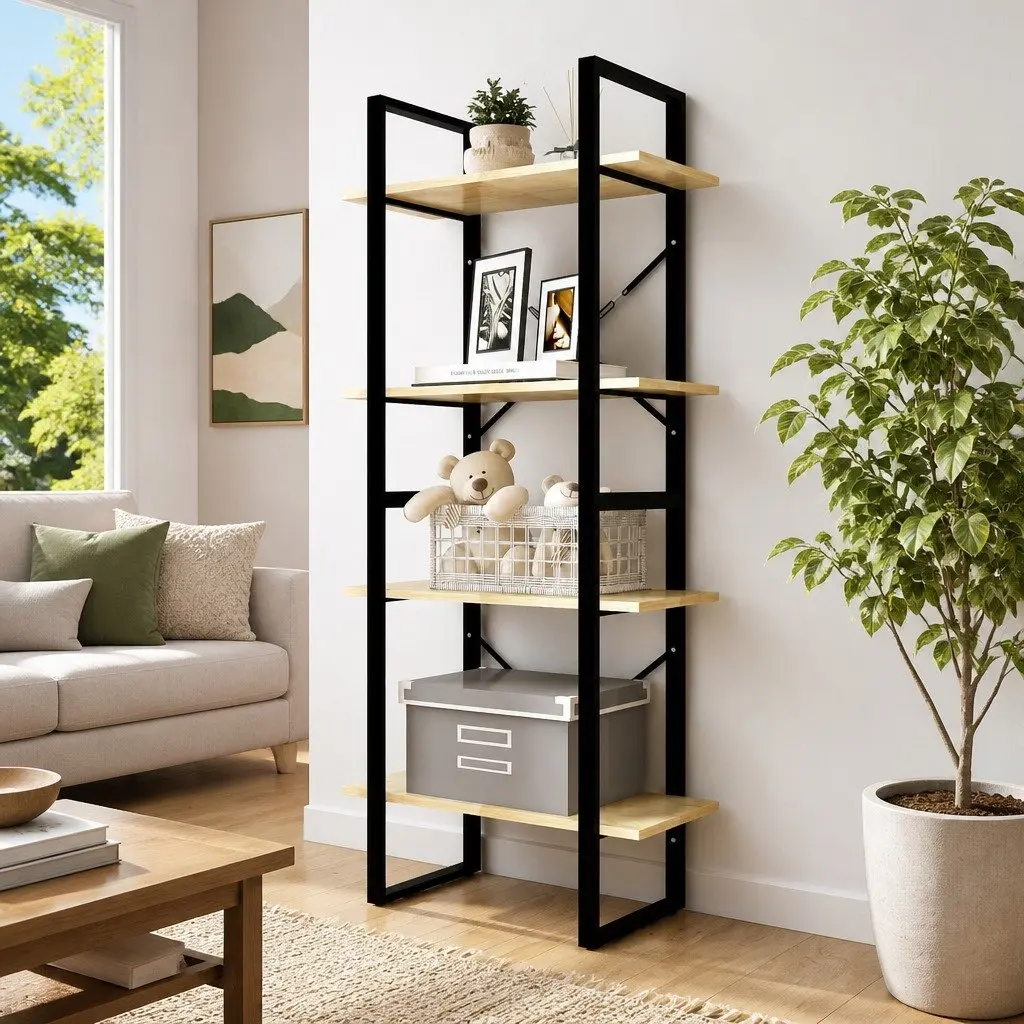 4-Tier Solid Pine Wood Book Cabinet for Ample Storage
