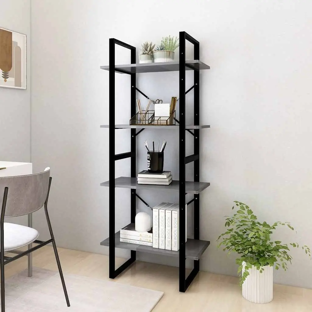 Solid Pine Wood 4-Tier Book Cabinet in Grey