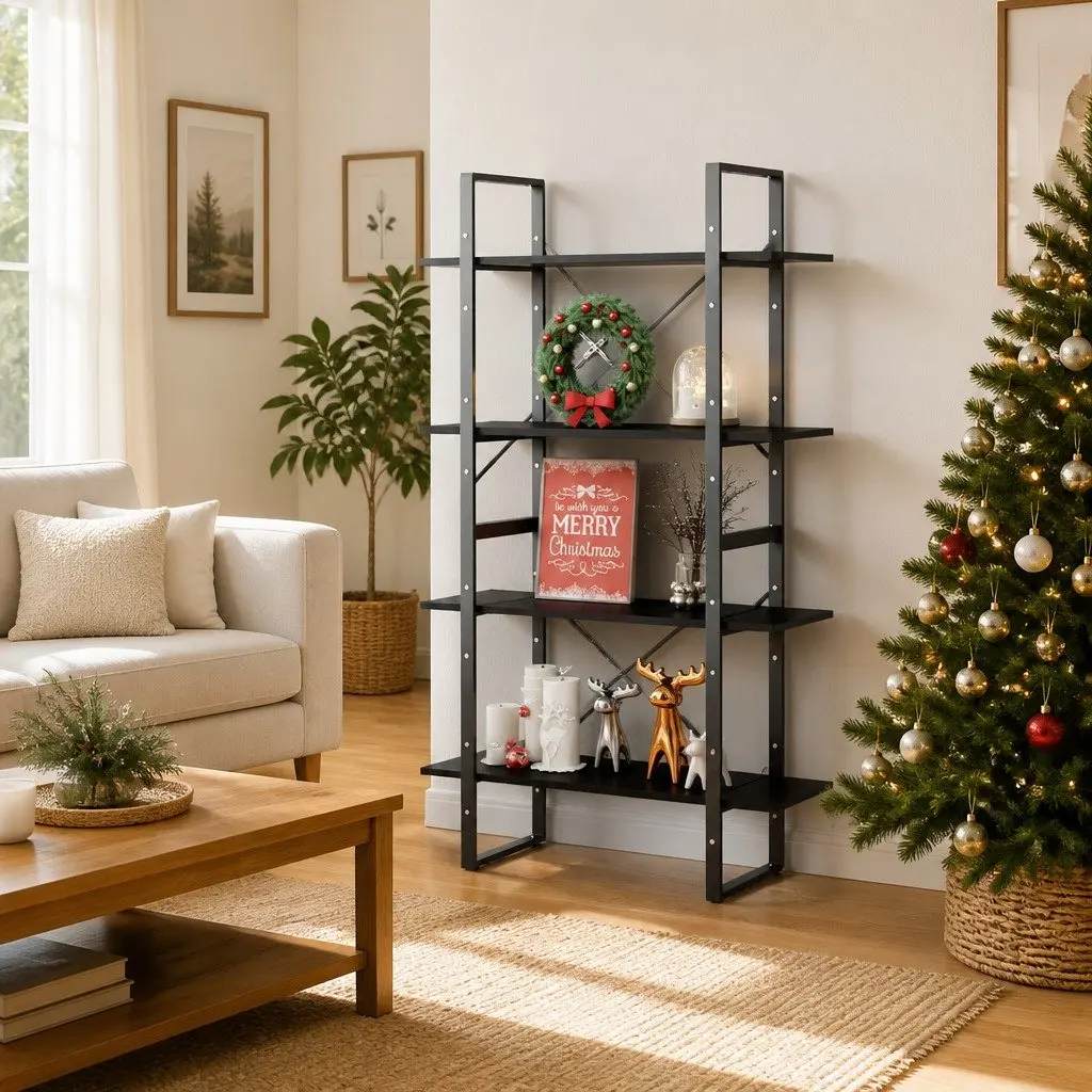 4-Tier Black Bookshelf with Adjustable Shelves