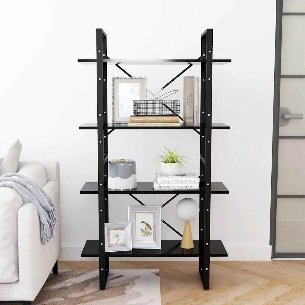4-Tier Black Bookshelf with Adjustable Shelves