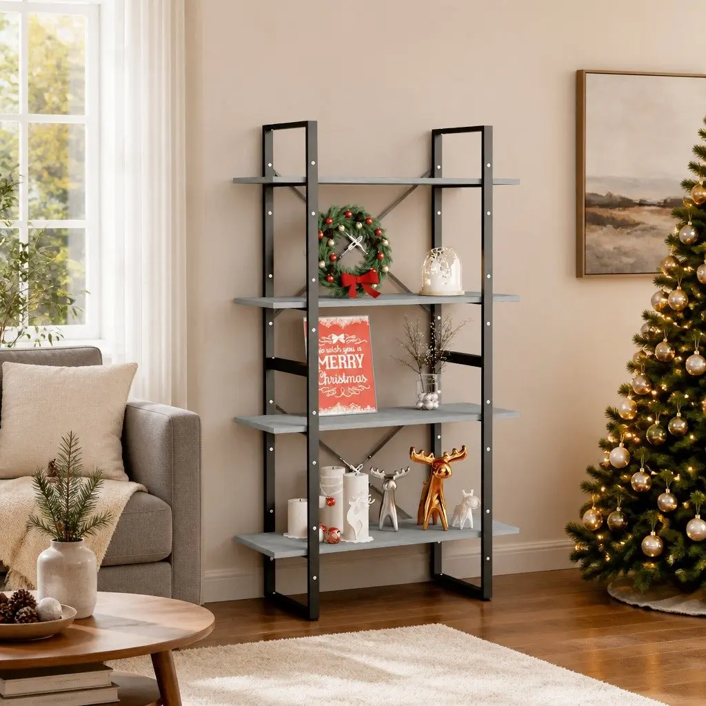 4-Tier Book Cabinet Engineered Wood 80W x 30D x 140H cm Grey Shelving Unit Storage Display Bookcase Standing Shelf