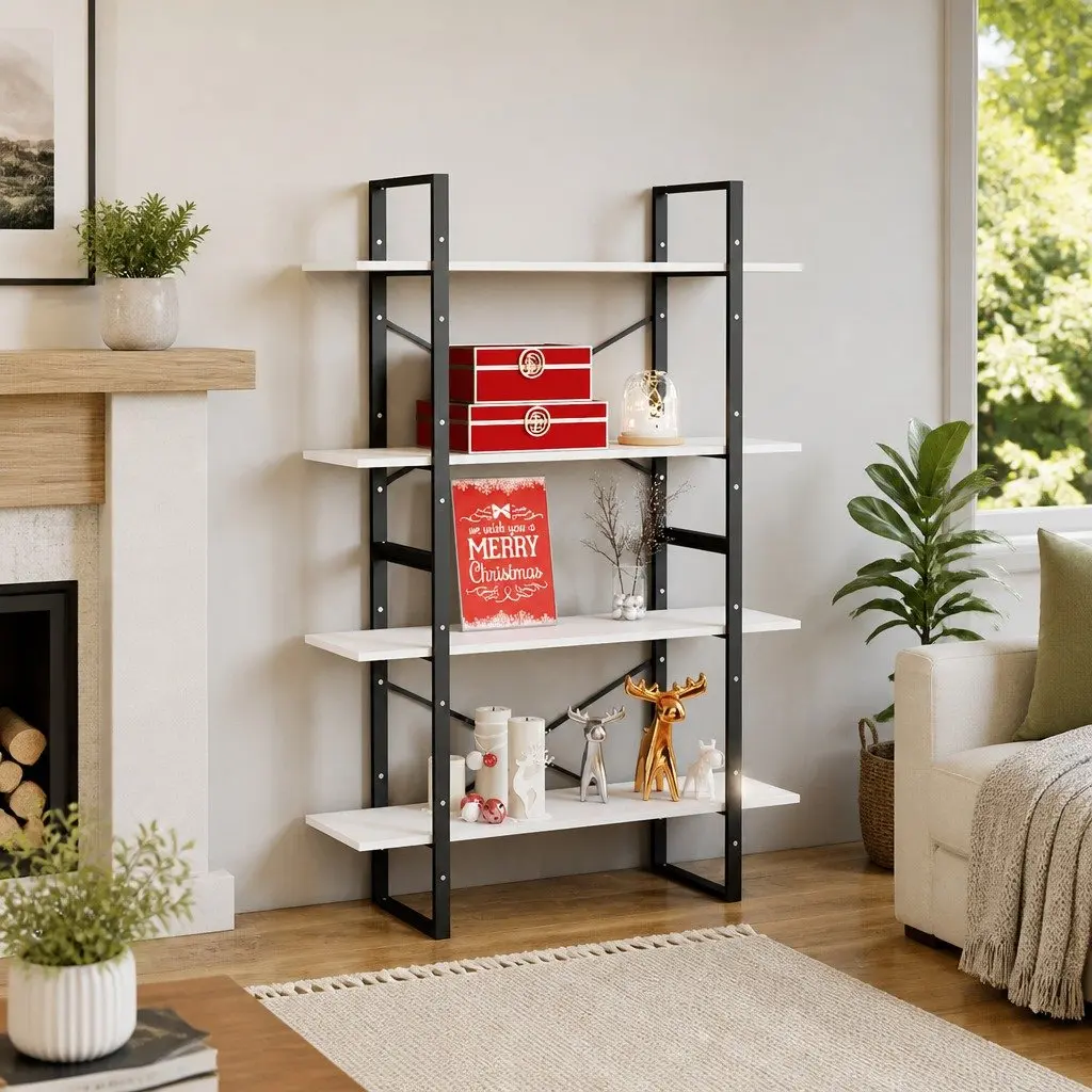 White Engineered Wood 4-Tier Book Cabinet for Storage