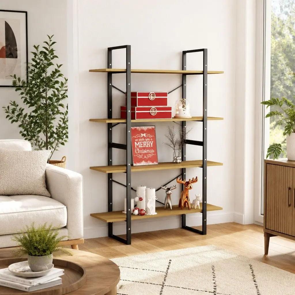 Solid Pine Wood 4-Tier Bookshelf with Ample Storage